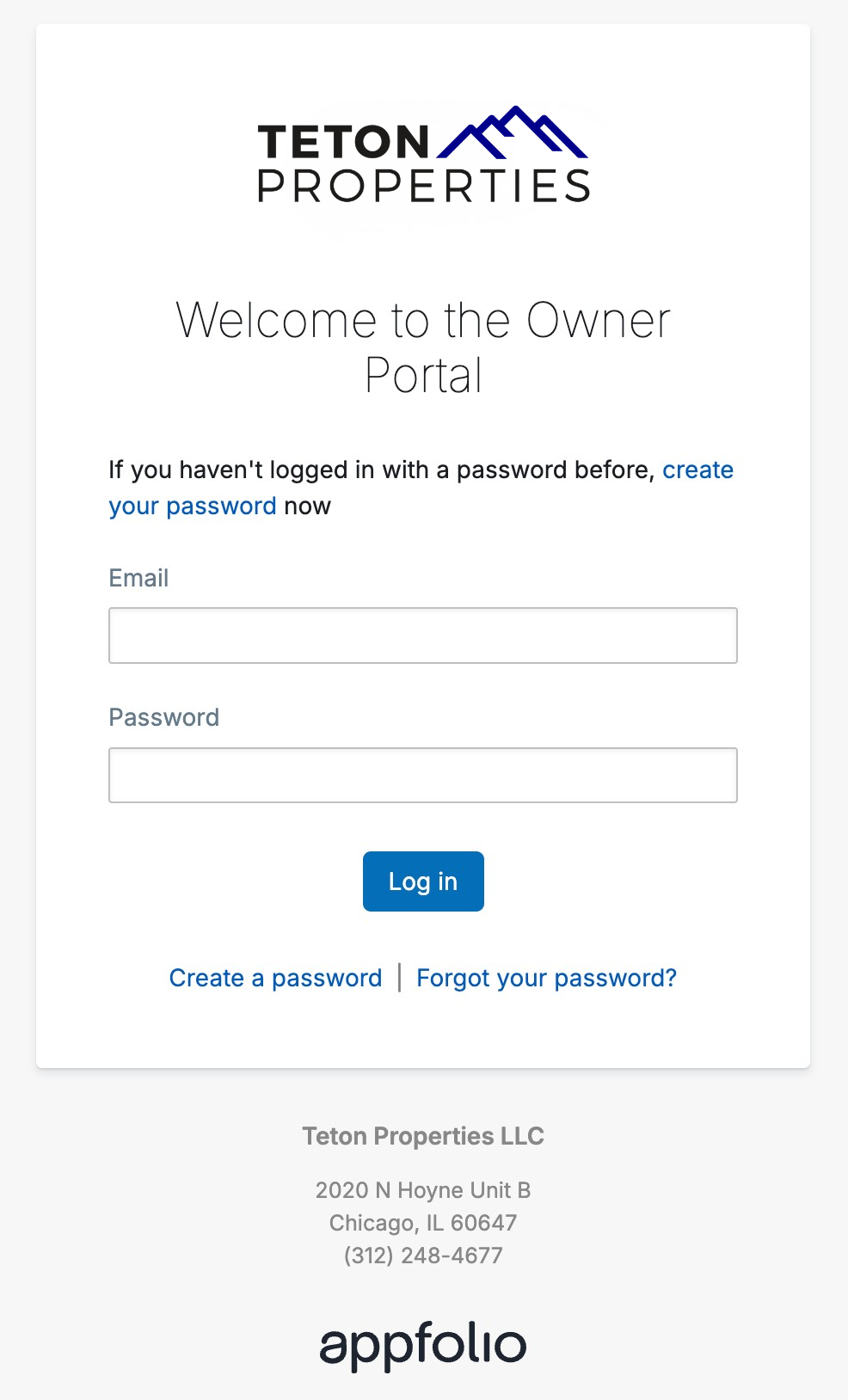 Teton Properties AppFolio Owner Portal login