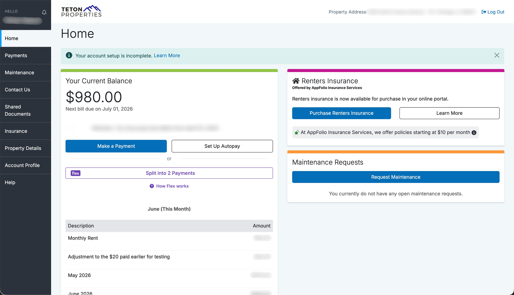 Example resident portal interface